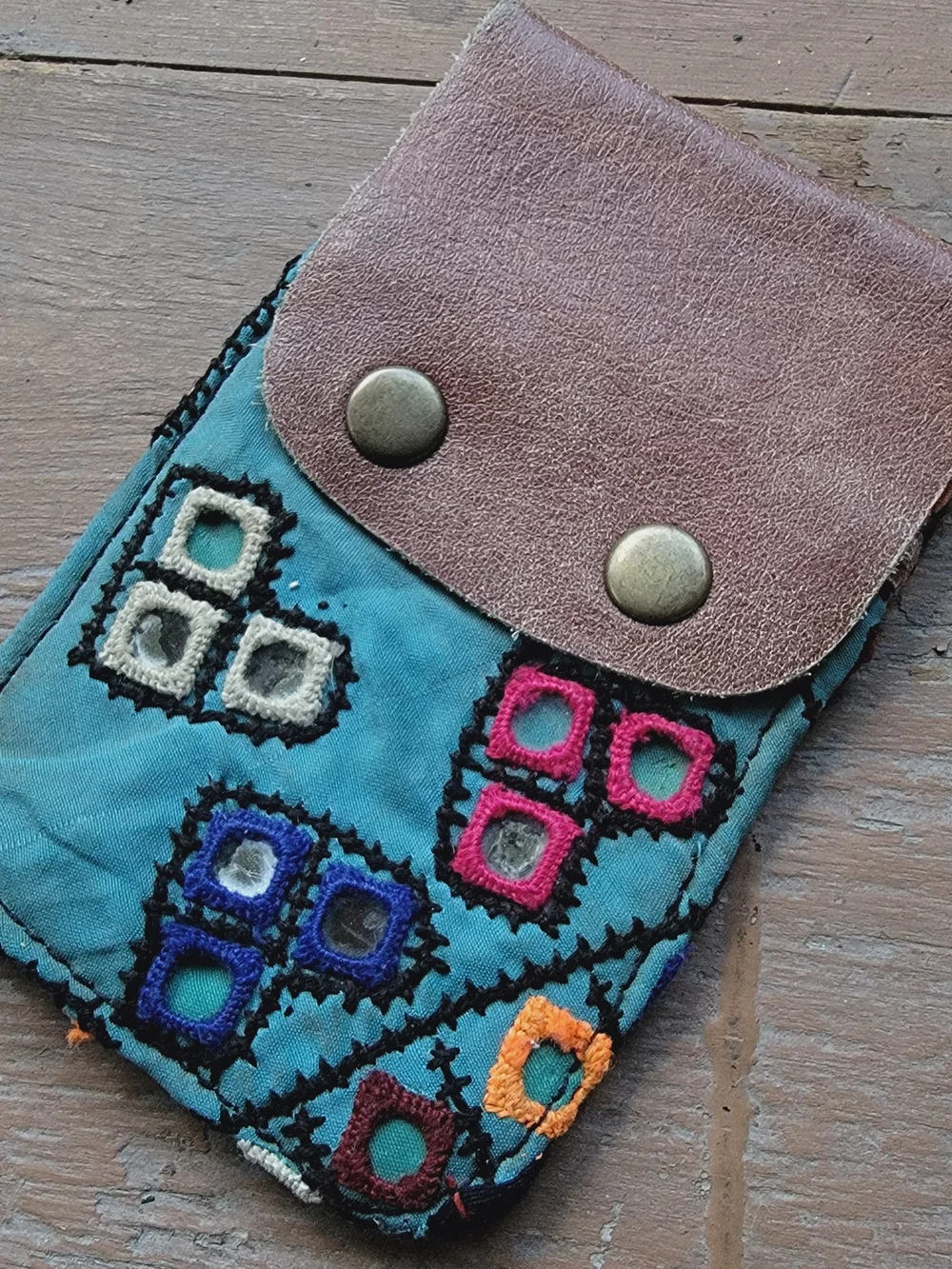 Free People embroidered banjara boho repurposed vtg leather wallet card case